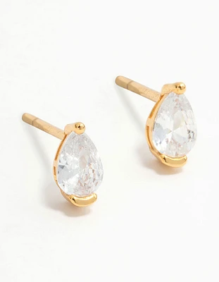 Gold Plated Sterling Silver Pear Shaped Diamante Stud Earrings