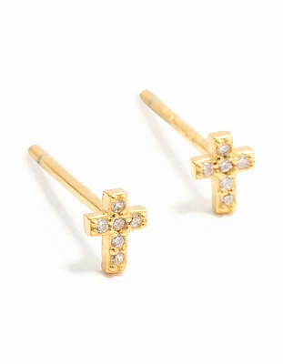 Gold Plated Sterling Silver Mini Diamante Cross Stud Earrings