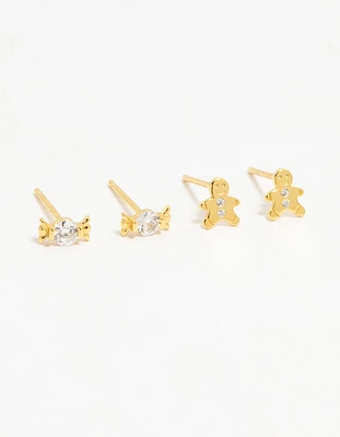 Gold Plated Sterling Silver Xmas Stud Earrings 2-Pack