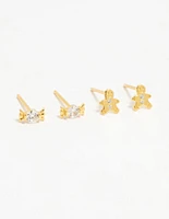 Gold Plated Sterling Silver Xmas Stud Earrings 2-Pack