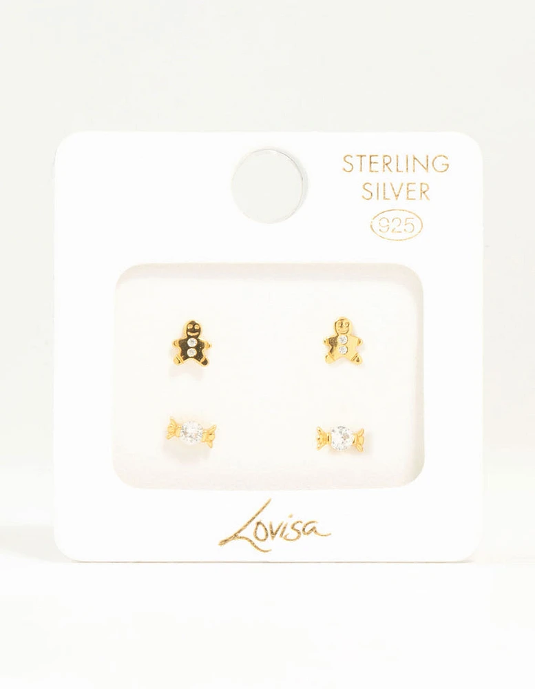 Gold Plated Sterling Silver Xmas Stud Earrings 2-Pack