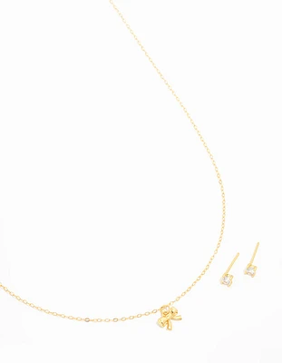 Gold Plated Sterling Silver Bow Necklace & Cubic Zirconia Studs 2-Pack