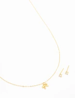 Gold Plated Sterling Silver Bow Necklace & Cubic Zirconia Studs 2-Pack