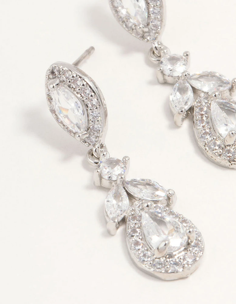 Silver Cubic Zirconia Halo Drop Earrings