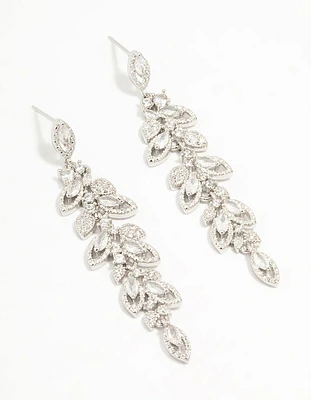 Silver Cubic Zirconia Cluster Leaf Drop Earrings