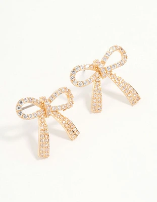 Gold Cubic Zirconia Bow Stud Earrings