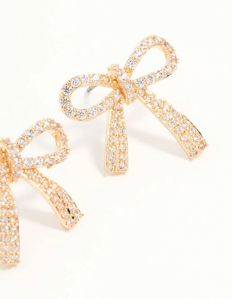 Gold Cubic Zirconia Bow Stud Earrings