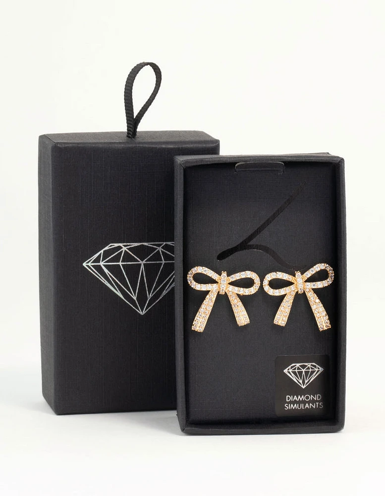 Gold Cubic Zirconia Bow Stud Earrings