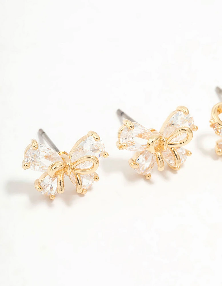 Gold Cubic Zirconia Bow Stud Earrings 2-Pack