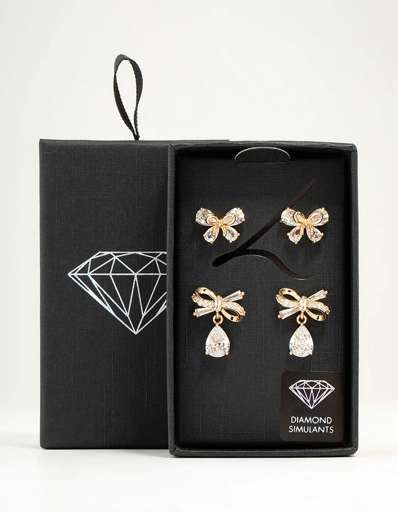 Gold Cubic Zirconia Bow Stud Earrings 2-Pack