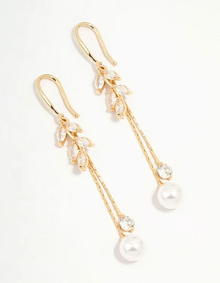 Gold Cubic Zirconia Leaf & Pearl Drop Earrings