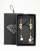 Gold Cubic Zirconia Leaf & Pearl Drop Earrings