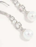 Silver Pearl & Cubic Zirconia Drop Hook Earrings