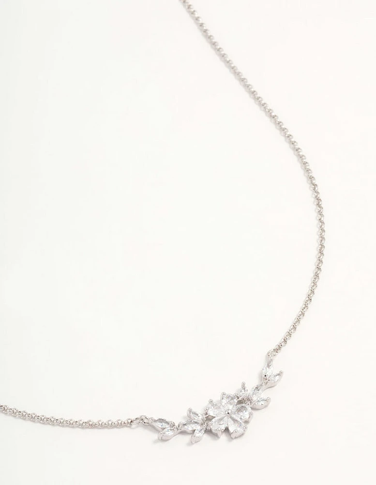 Rhodium Cubic Zirconia Flower & Vine Necklace