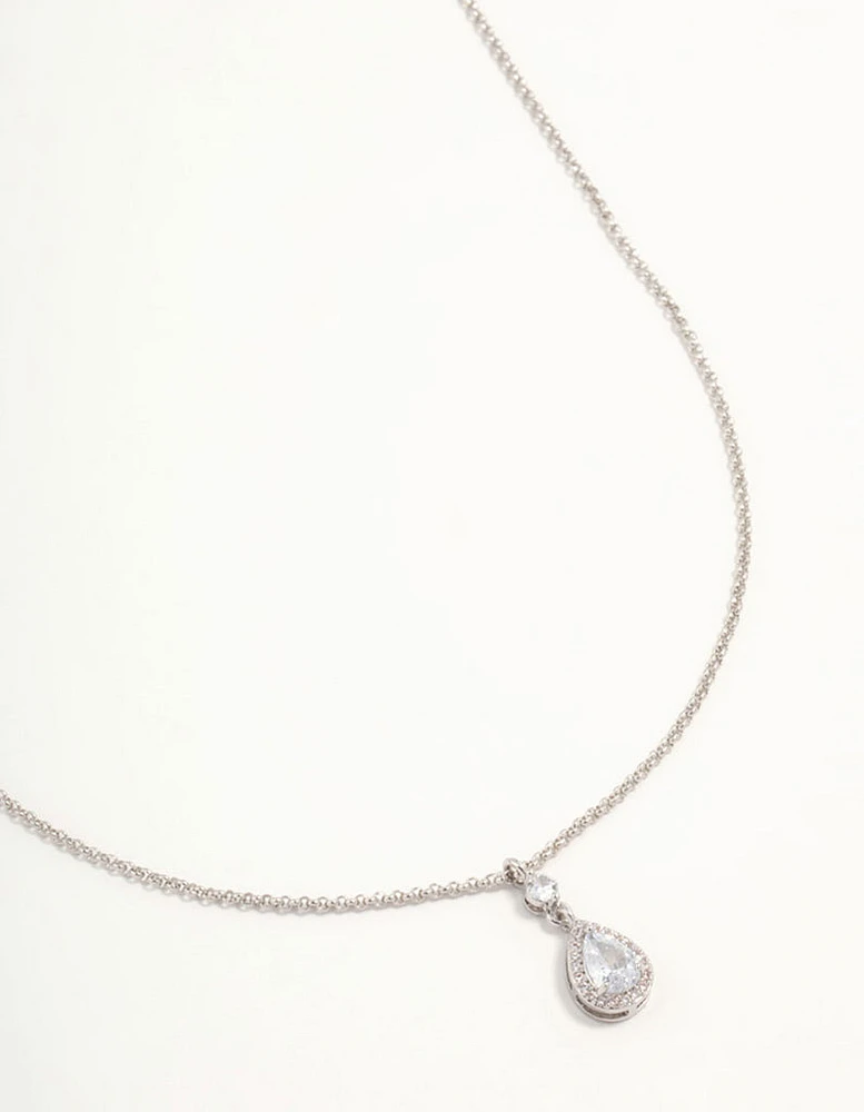 Rhodium Pear Cubic Zirconia Pendant Necklace