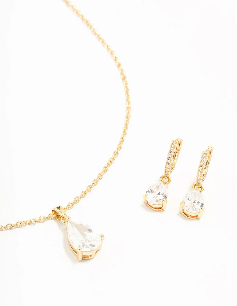 Gold Plated Cubic Zirconia Drop Necklace & Stud Earrings Set