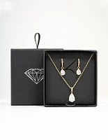 Gold Plated Cubic Zirconia Drop Necklace & Stud Earrings Set