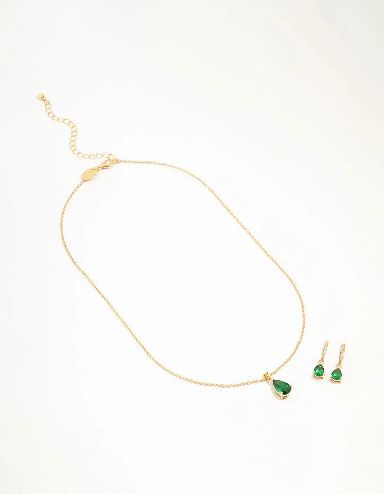 Gold Plated Emerald Teardrop Diamante Drop Necklace & Earrings Set