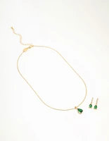 Gold Plated Emerald Teardrop Diamante Drop Necklace & Earrings Set