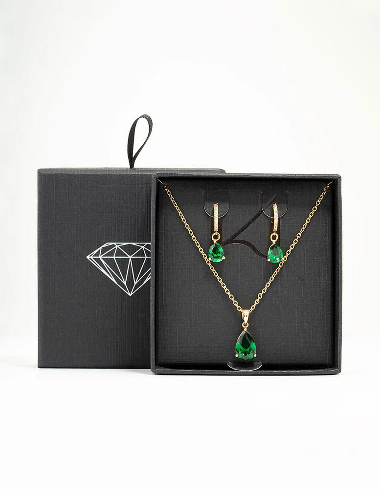 Gold Plated Emerald Teardrop Diamante Drop Necklace & Earrings Set