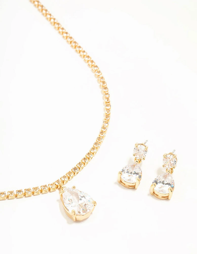 Gold Plated Cubic Zirconia Tennis Necklace & Earrings Set