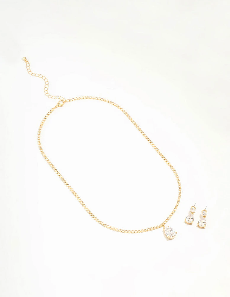 Gold Plated Cubic Zirconia Tennis Necklace & Earrings Set