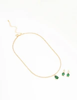 Gold Plated Emerald Diamante Tennis Necklace & Earrings Set