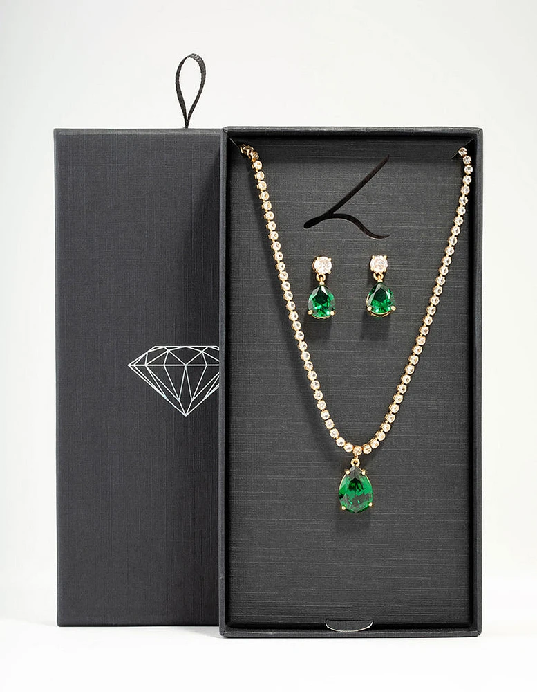 Gold Plated Emerald Diamante Tennis Necklace & Earrings Set