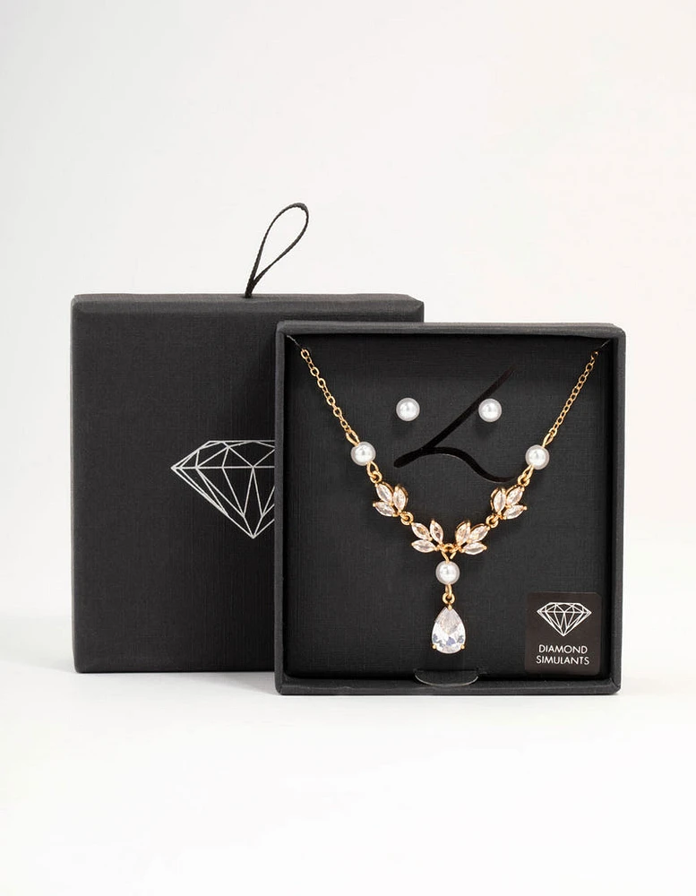 Gold Cubic Zirconia Pearl Necklace & Earrings Set