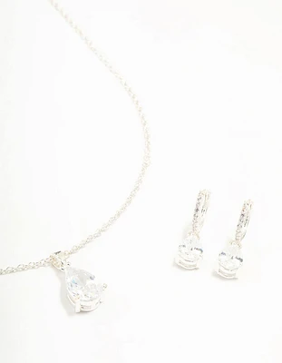 Silver Plated Cubic Zirconia Teardrop Necklace & Earrings Set