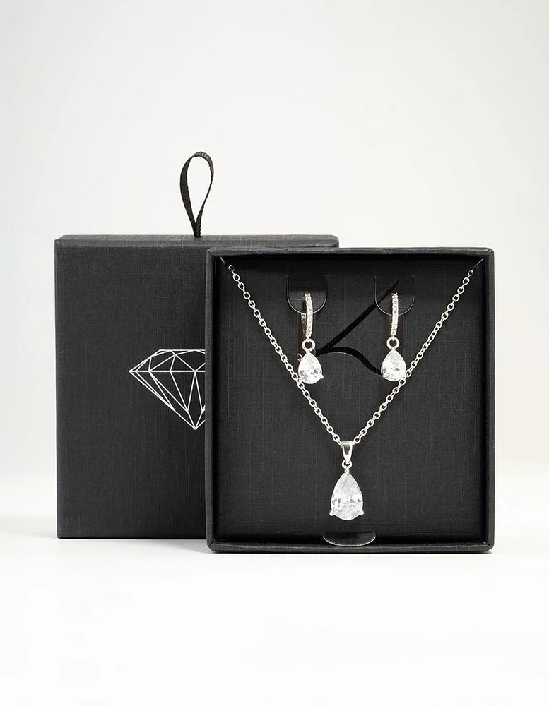 Silver Cubic Zirconia Teardrop Necklace & Earrings Set