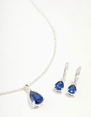 Silver Sapphire Teardrop Necklace & Earrings Set