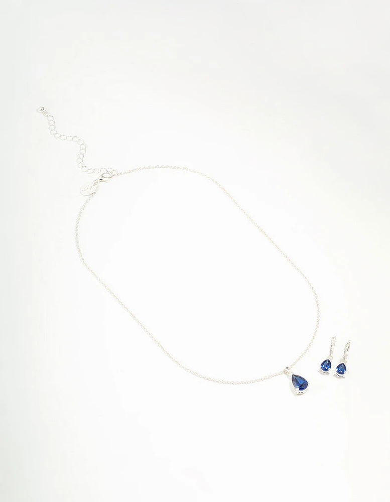 Silver Sapphire Teardrop Necklace & Earrings Set