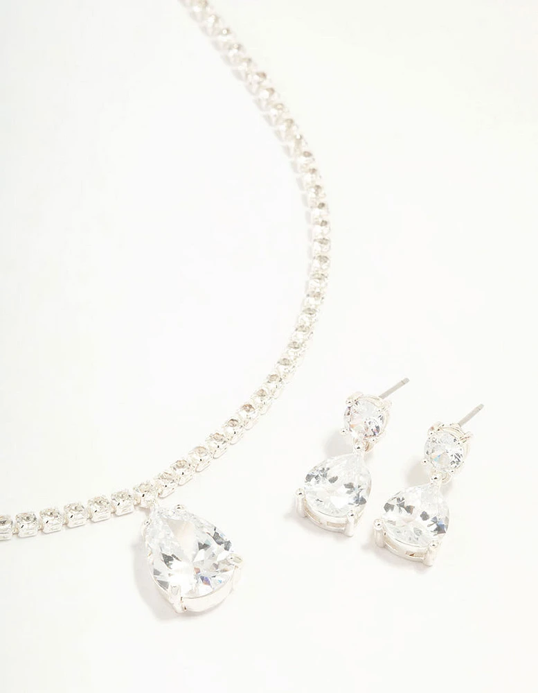 Rhodium Plated Cubic Zirconia Tennis Necklace & Earring Set