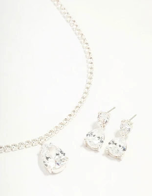 Silver  Cubic Zirconia Tennis Necklace & Earring Set