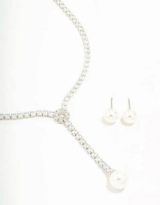 Cubic Zirconia & Pearl Drop Necklace & Earrings Set