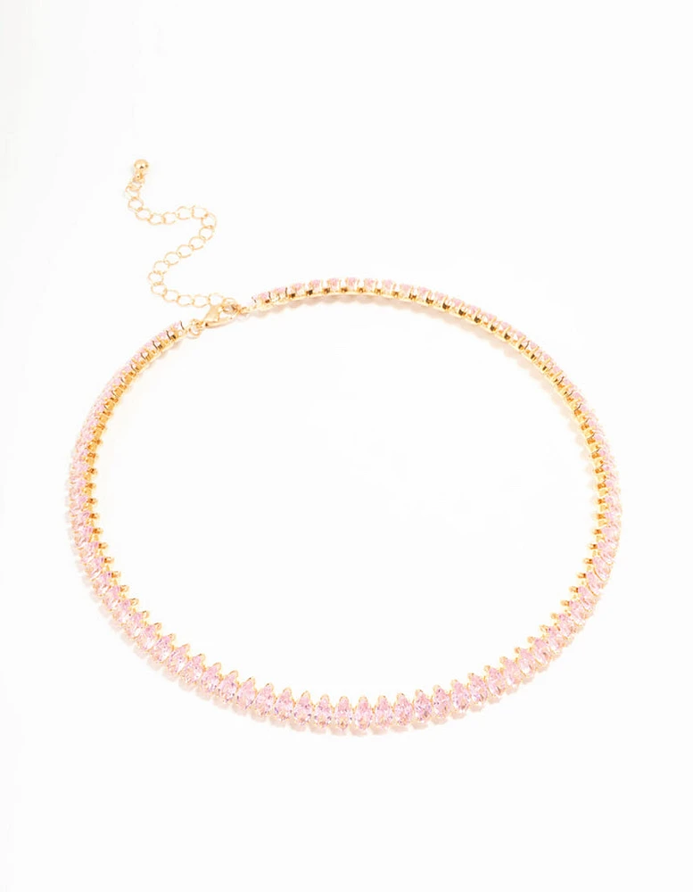 Pink Cubic Zirconia Navette Choker Gold Necklace