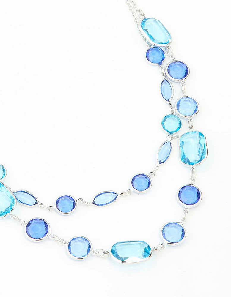 Blue Rectangle Diamante Stone Silver Layered Necklace