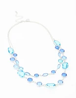 Blue Rectangle Diamante Stone Silver Layered Necklace