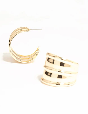 Gold Ribbed Large Hoop Earrings