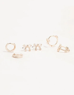 Rose Gold Cubic Zirconia Bow Stud & Hoop 3-Pack Earrings