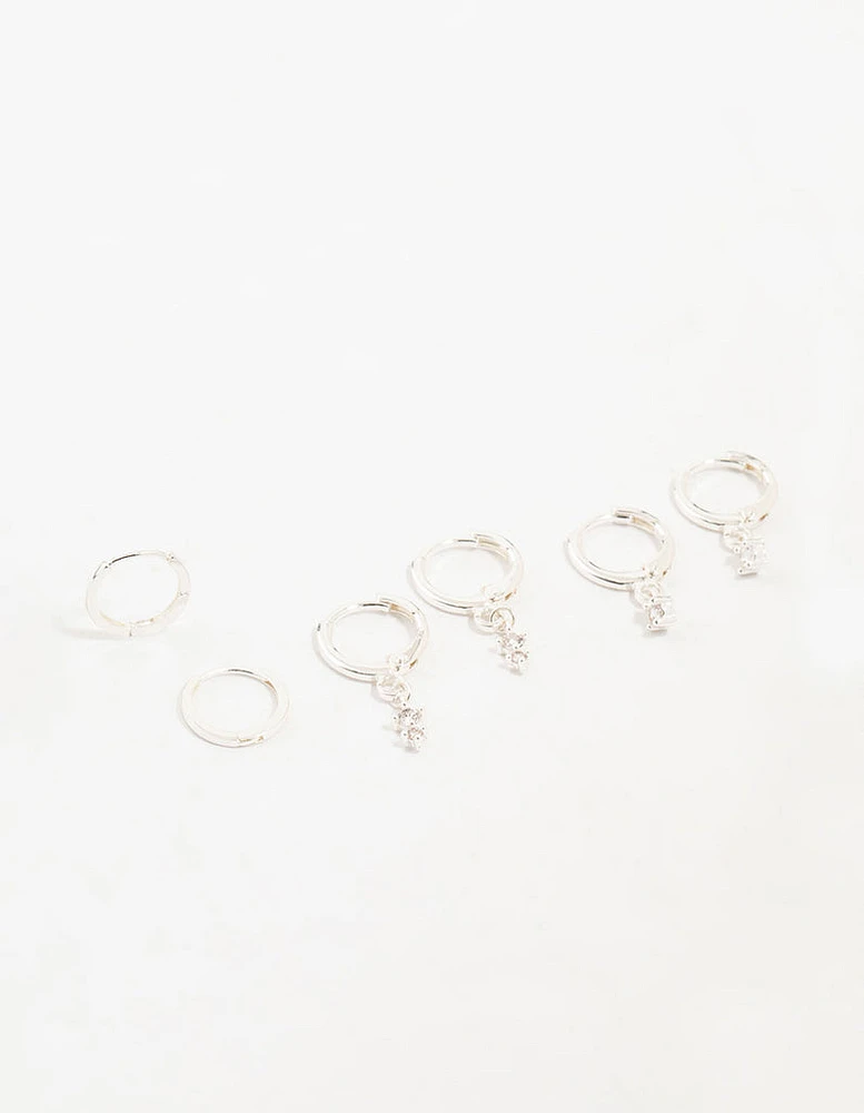 Silver Dainty Round Cubic Zirconia Hoop Earrings 3-Pack