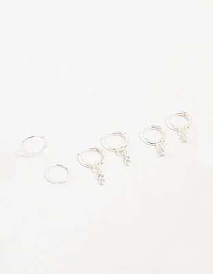 Silver Dainty Round Cubic Zirconia Hoop 3-Pack Earrings