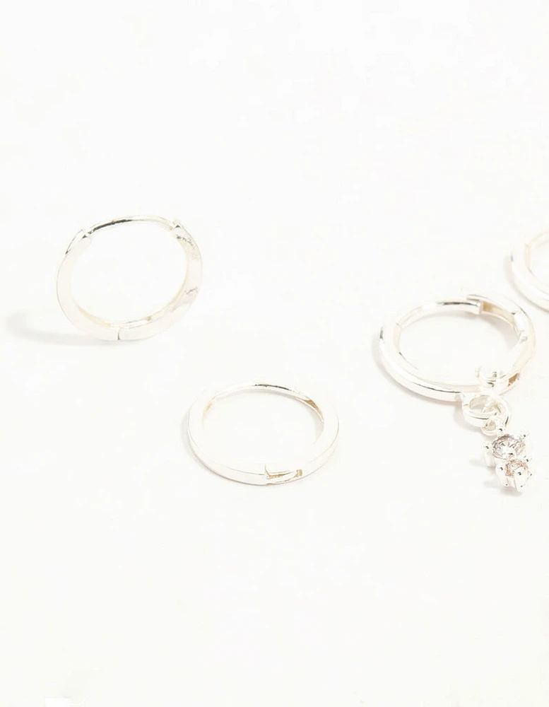 Silver Dainty Round Cubic Zirconia Hoop Earrings 3-Pack