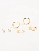 Gold Cubic Zirconia Cluster Hoop & Classic Stud Earrings 3-Pack