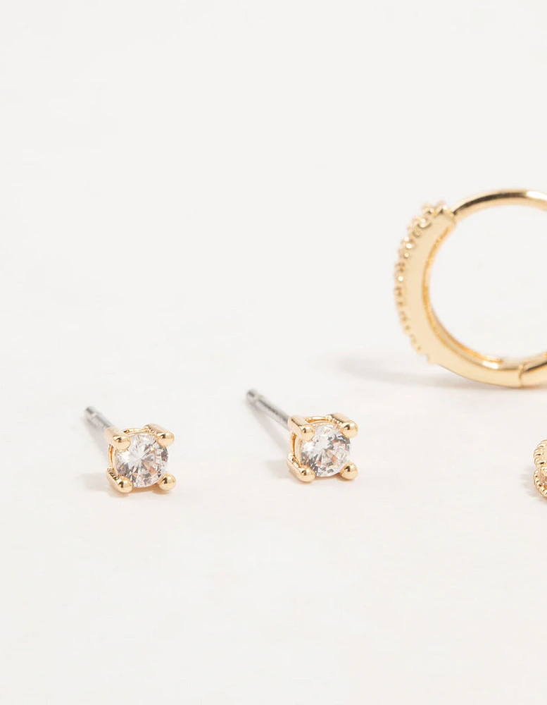 Gold Cubic Zirconia Cluster Hoop & Classic Stud Earrings 3-Pack