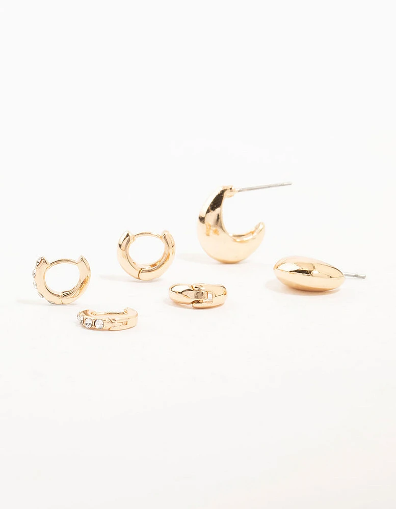 Gold Classic Plain & Diamante Hoop Earrings 3-Pack