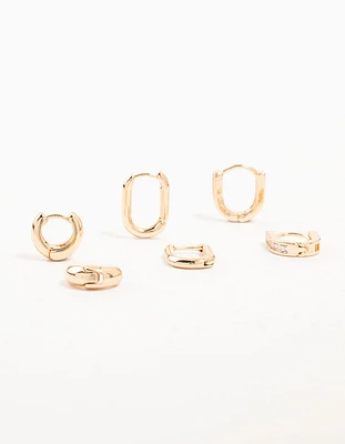 Gold Cubic Zirconia Oval Huggie 3-Pack Earrings