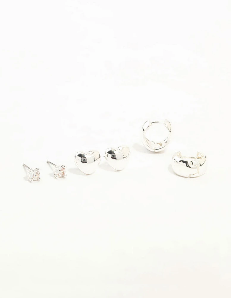 Silver Cubic Zirconia Chubby Heart Stud & Hoop Earrings 3-Pack