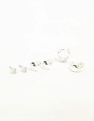 Silver Cubic Zirconia Chubby Heart Stud & Hoop Earrings 3-Pack